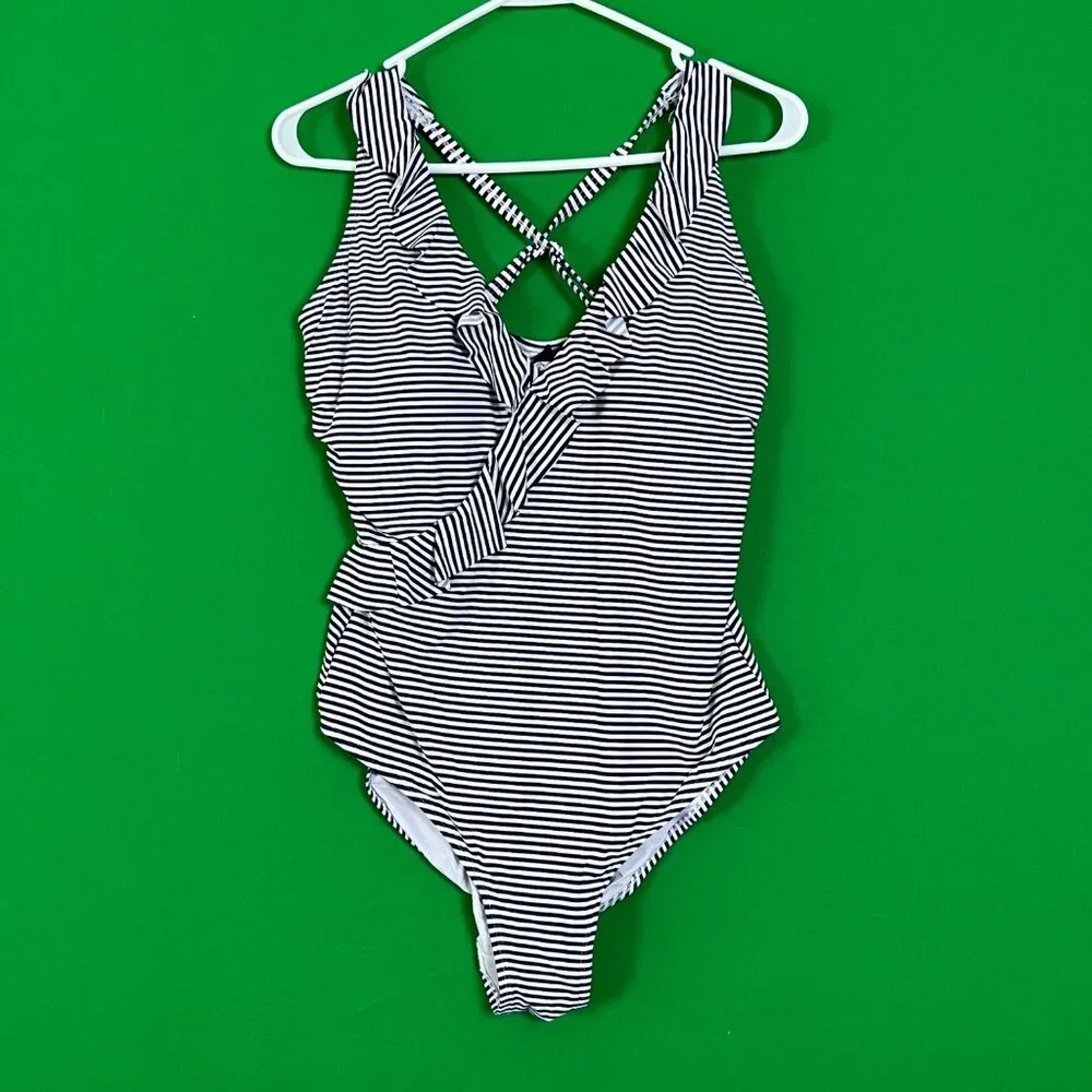 Niptuck Womens Swimsuit‎ One Pieced Navy Blue White Stripe Ruffle Accent Size 10